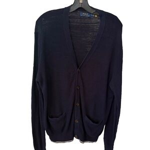 Ralph Lauren Women’s Cardigan LINEN Blend Navy /w White Trim  V-Neck Sz M